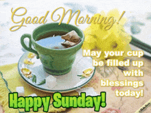 a cup of tea on a saucer with the words good morning happy sunday