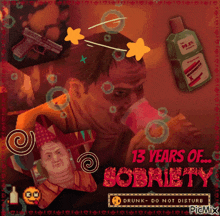a pixel art of a man drinking from a cup with the words 13 years of sobriety on it