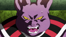a purple cat with yellow eyes and sharp teeth looks angry