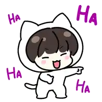 a cartoon drawing of a boy in a cat costume laughing and pointing at the word ha