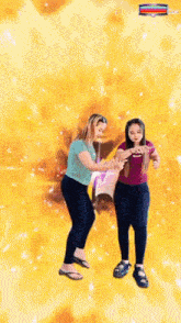 two women are dancing in front of an eagle and the word music