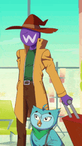 a cartoon character with a w on his head is holding a suitcase