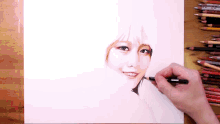 a person is drawing a woman 's face on a piece of paper with colored pencils in the background