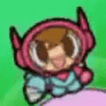 a cartoon character wearing a pink hat and headphones is sitting on a pink blanket .