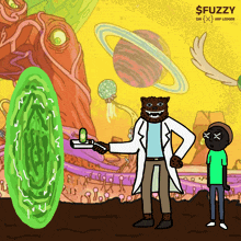 a cartoon of rick and morty with the words $ fuzzy on the bottom right