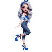 a doll with gray hair wearing blue jeans and blue heels