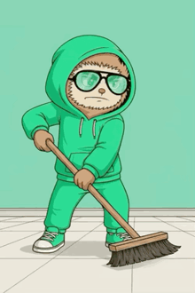 a cartoon of a sloth wearing glasses and a green hoodie holding a broom