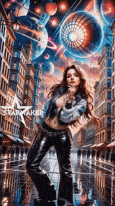 a painting of a woman in a city with the word starmaker on it
