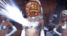 a woman with a balloon on her head that says lotto on it