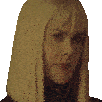 a close up of a woman 's face with long blonde hair