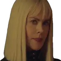 a close up of a woman 's face with long blonde hair