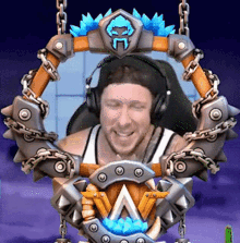 a man wearing headphones is surrounded by chains and a shield that has the letter w on it