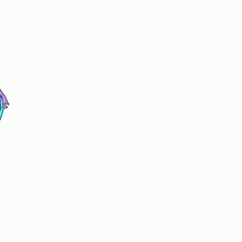 a cartoon character with purple hair and blue eyes is hanging from a string .