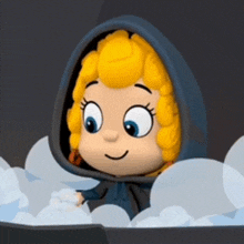 a cartoon character with yellow hair and a blue hood is in a bathtub