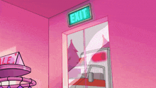 a cartoon drawing of an exit sign in a pink room