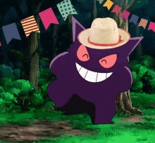 a purple monster wearing a straw hat is walking through a forest