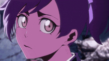 a close up of a girl 's face with purple hair and white eyes