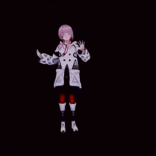 a girl with pink hair is standing in the dark with her hands up .