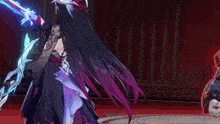 a girl with long black hair is holding a blue sword