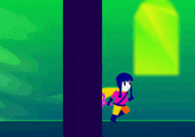 a cartoon of a girl running in a dark room with a window in the background