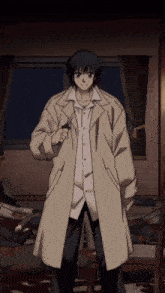 a man in a white coat holds a knife in his hand