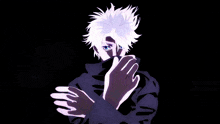 a man with white hair and blue eyes is holding a purple lightning bolt in his hand