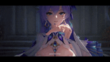 a purple haired anime girl with the words grace in a virtue above her
