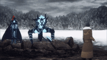 a man in a coat stands in front of a monster