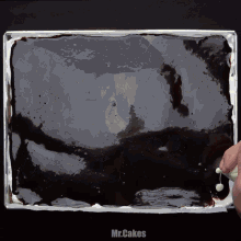 a tray of chocolate covered cake with mr.cakes written on the bottom right