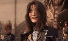 a woman with blood on her face is smiling in front of a banner that says ' chinese ' on it