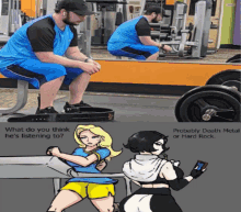 a man is squatting down in a gym while a woman is standing next to him