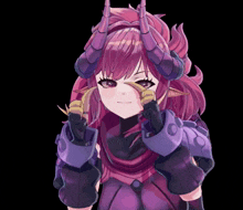 a girl with purple hair and horns is making a funny face