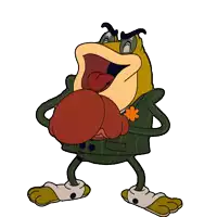 a cartoon frog wearing boxing gloves with his tongue out