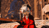 a cartoon character with a red coat and glasses
