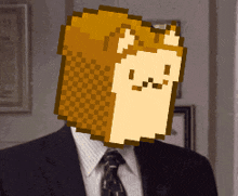 a man wearing a suit and tie has a pixel art of a dog on his face