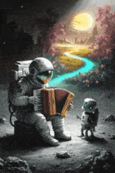 an astronaut plays an accordion to a small robot