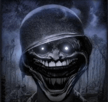 a black and white drawing of a soldier with a huge smile on his face .