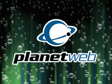 a planet web logo is surrounded by bubbles