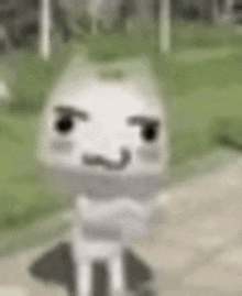 a white cartoon character is standing on a sidewalk with a serious face .