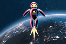 a robot is flying over the earth with a lightning bolt