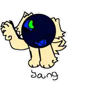 a drawing of a dog with a black ball on its head and the word gang written underneath it .
