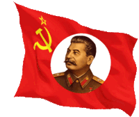 a red flag with a picture of a man with a mustache and a hammer and sickle on it