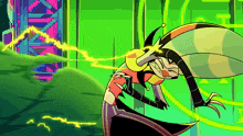 a cartoon character is standing in front of a green wall with a lightning bolt coming out of it 's mouth .