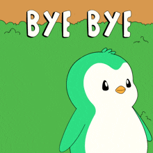 a cartoon penguin is standing in a field with the words bye bye above him