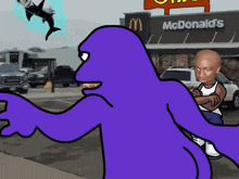 a cartoon of a man and a purple monster in front of a mcdonald 's
