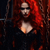 a woman with red hair sits on a red couch with a werewolf behind her