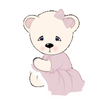 a white teddy bear wearing a pink dress and bow is crying