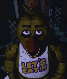 a chicken with a shirt that says let 's eat on it