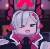 a cartoon character with white hair and a pink triangle above her head