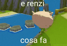 a cartoon of a pig standing next to a body of water with the words `` erenzi cosa fa '' written on it .